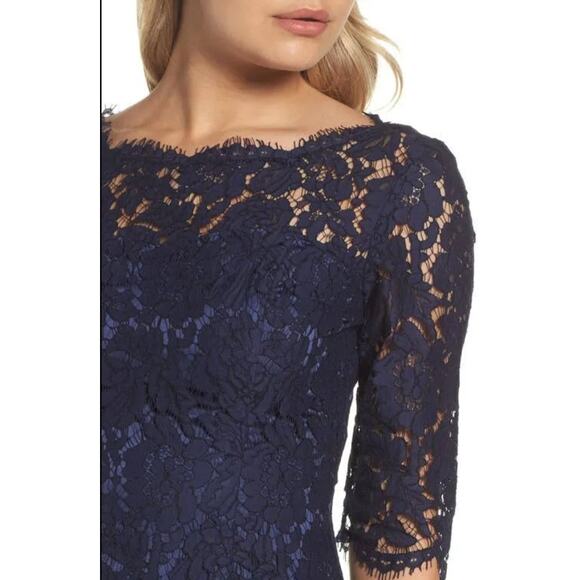New Eliza J Quarter Length Sleeve Lace Fit Flare Dress Sz 12 Navy Blue Formal - Picture 2 of 12